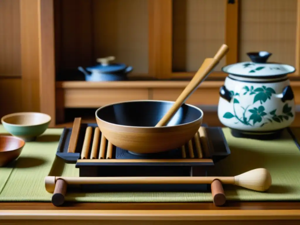 Detallada imagen de una cocina japonesa tradicional de la era Heian con utensilios de madera, bambú y cerámica