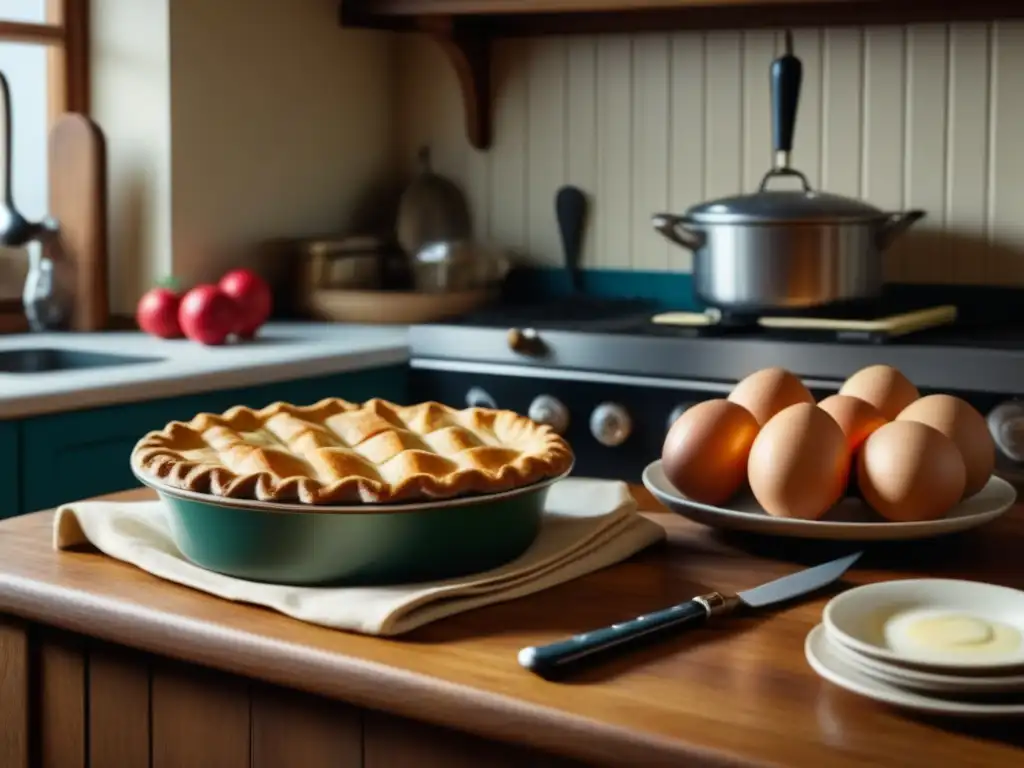 Una detallada imagen de una cocina vintage de la época dorada americana, con ingredientes clásicos y una receta de pastel de manzana