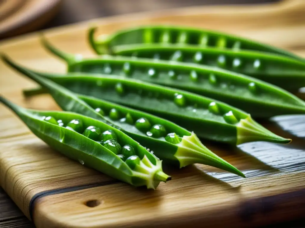 Detallada imagen de okra recién cortada, brillante y con gotas de rocío, sobre tabla de madera, evocando influencias culinarias africanas en América