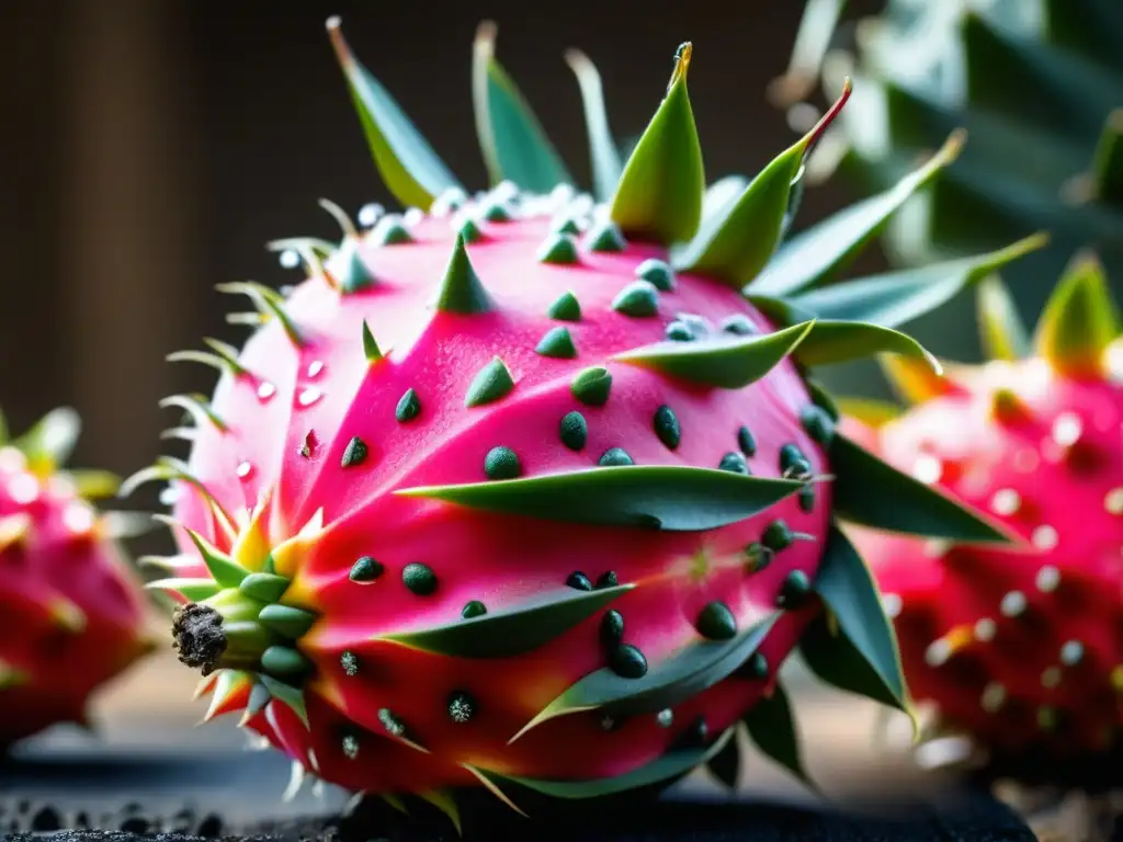 Detallada imagen de una pitahaya recién cosechada, con su piel rosa brillante cubierta de escamas verdes y rocío matutino