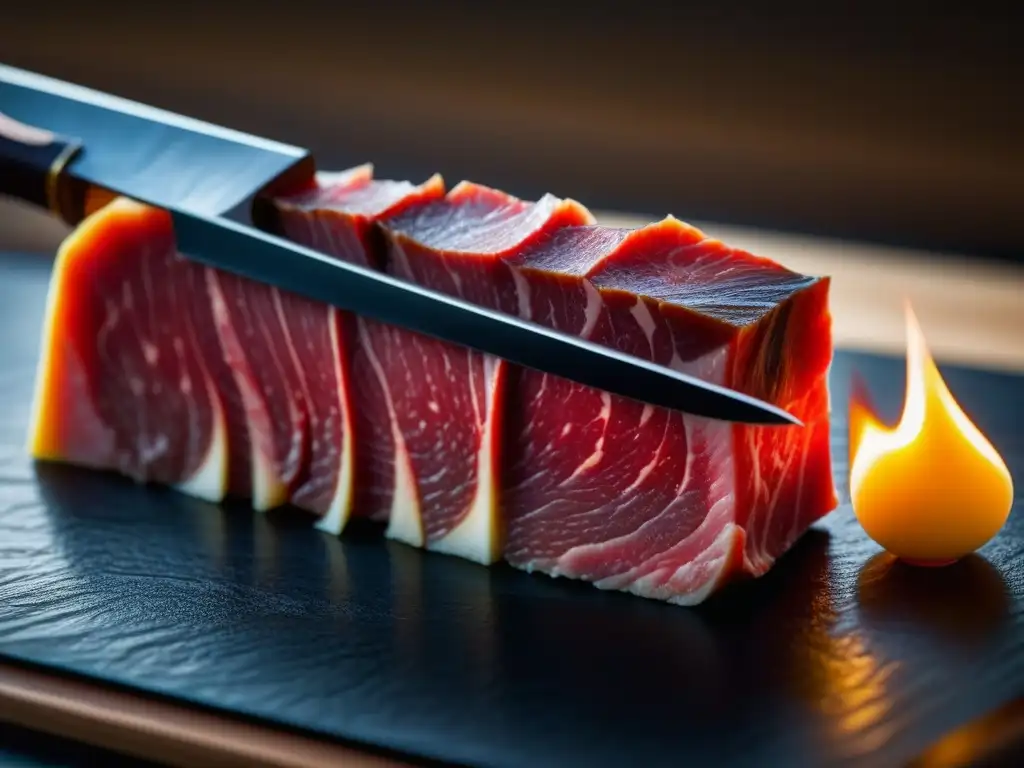 Detallada imagen de cuchillo japonés cortando carne Wagyu con patrones de grasa