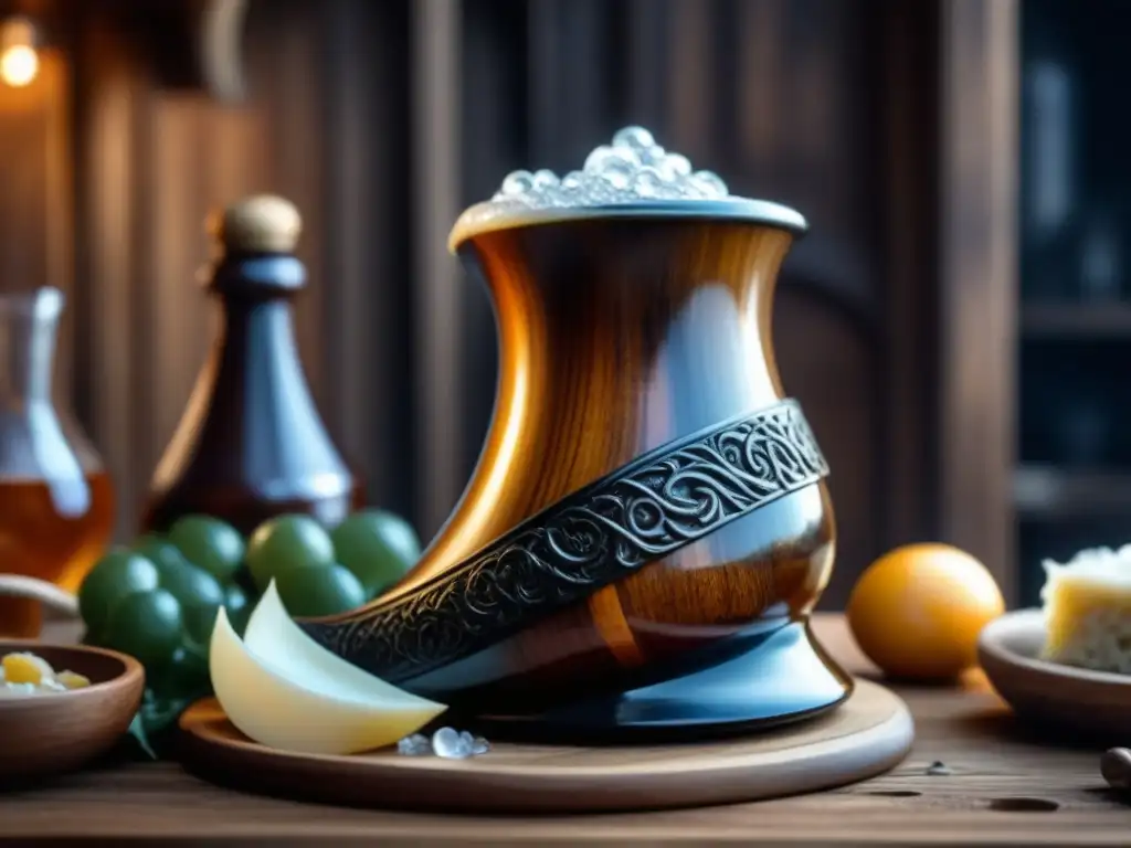 Detallada imagen de un cuerno de bebida vikingo rebosante de hidromiel, en una mesa festiva con recetas históricas cocina vikinga