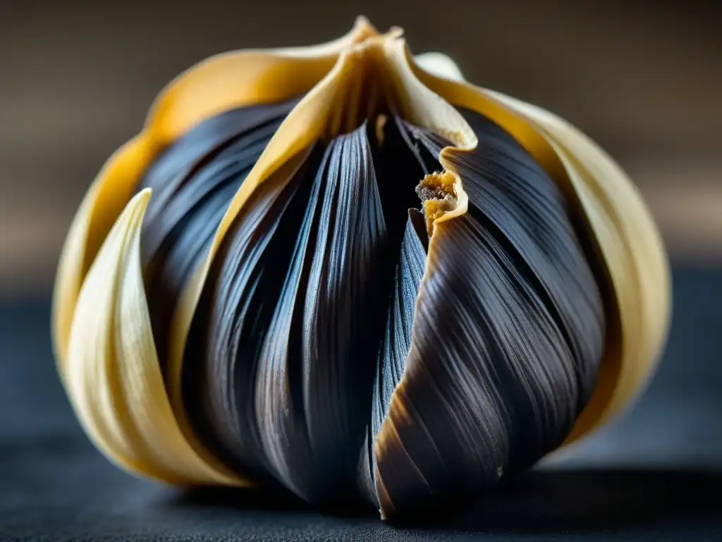 Detallada imagen de un diente de ajo negro fermentado, resaltando su textura brillante y pegajosa