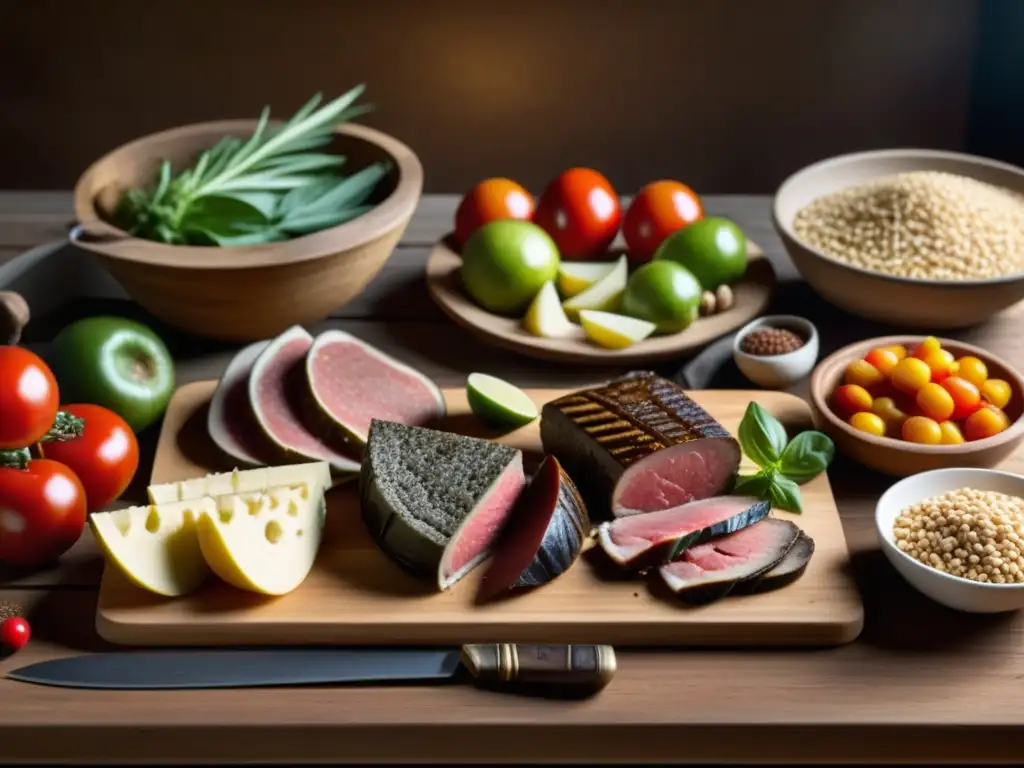 Una detallada imagen de la dieta de gladiadores romanos en una mesa de madera, destacando la frescura y variedad de alimentos