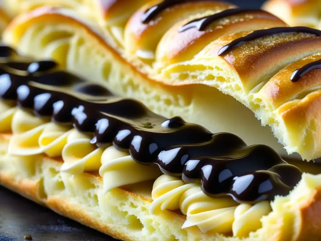 Detallada imagen de un Éclair recién horneado con choux dorado, crema de vainilla, ganache de chocolate