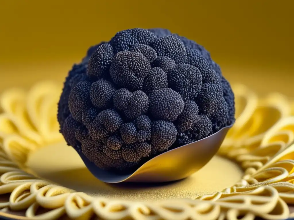 Exquisita trufa negra: lujo y sofisticación en cada detalle Detallada imagen de una exquisita trufa negra rodeada de filigrana dorada, evocando lujo y sofisticación