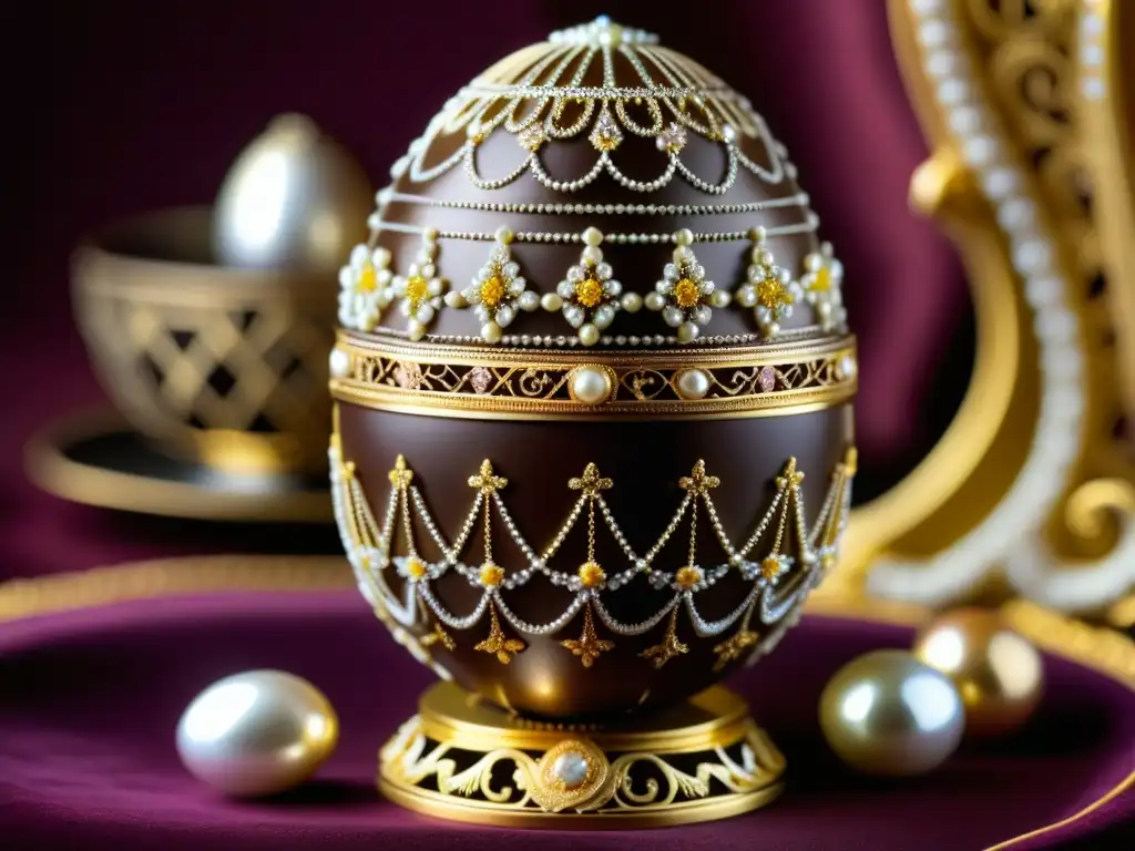 Detallada imagen de un exquisito huevo Fabergé de chocolate, con adornos y filigranas, evocando recetas históricas corte rusa