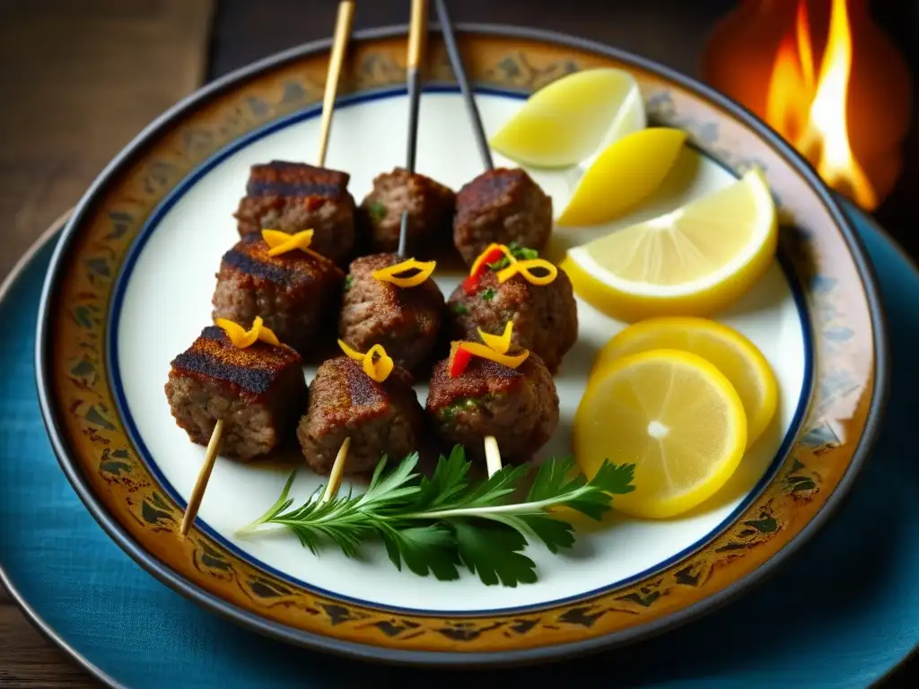 Detallada imagen de un exquisito kebab kofta otomano, resaltando sus capas de carne condimentada y especias, servido en plato de cerámica