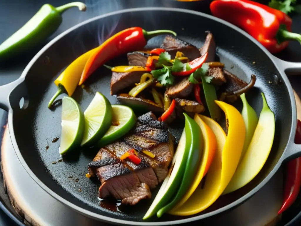 Detallada imagen de fajitas sizzling en sartén de hierro, capturando origen y evolución de TexMex