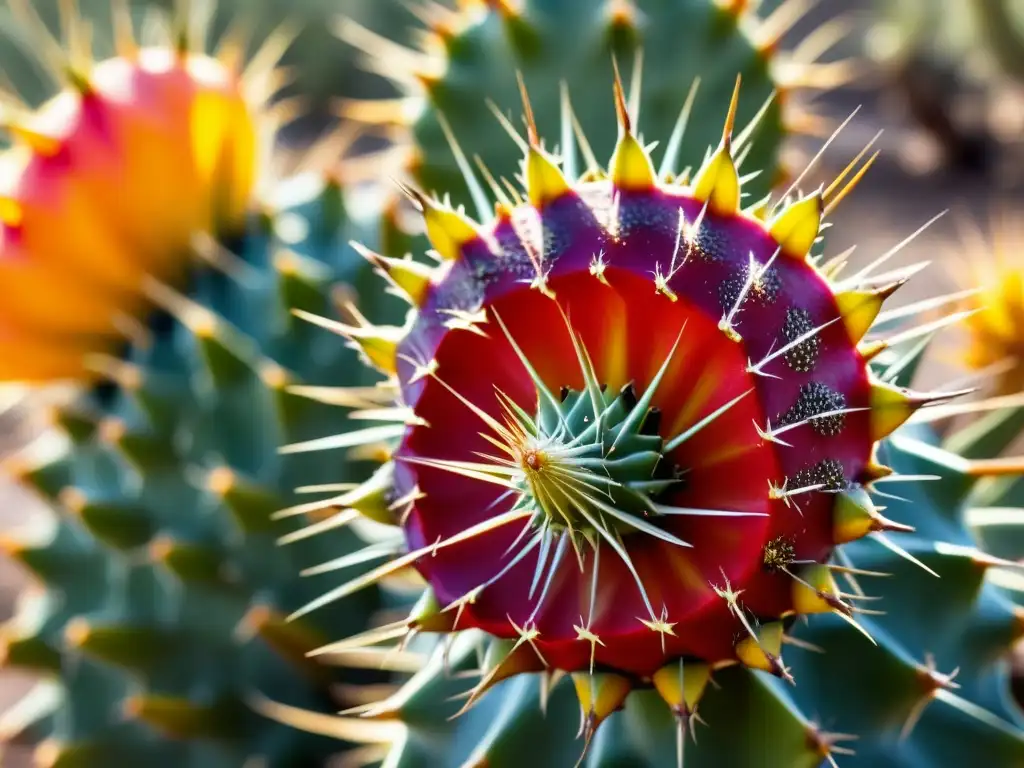 Detallada imagen de un fruto rojo de nopal brillante bajo el sol del desierto, resaltando la belleza de la cocina prehispánica con cactáceas