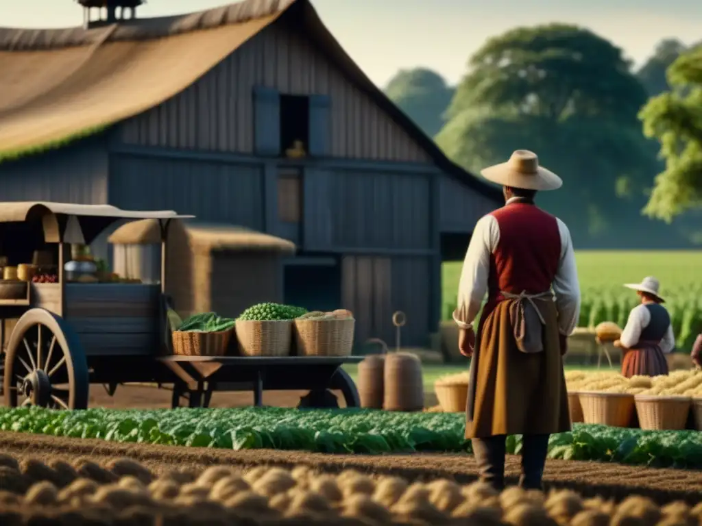 Detallada imagen de granja preindustrial con cultivos variados, reflejando la diversidad de alimentos antes de la Revolución Industrial