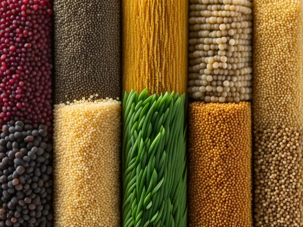 Una detallada imagen de granos antiguos como quinoa, amaranto y teff, resaltando sus texturas y colores en un patrón circular