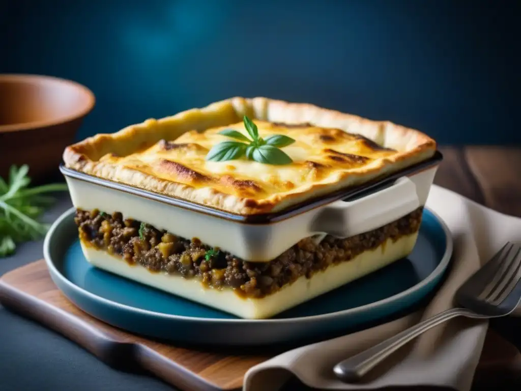 Detallada imagen de Moussaka griega con capas de berenjena, carne picada y salsa bechamel, realzando sabores cocina griega antigua