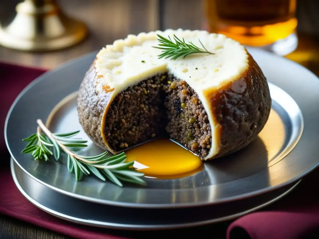 Detallada imagen de haggis escocés en plato de plata, acompañado de whisky, en mesa de madera con mantel de tartán