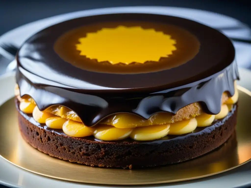 Detallada imagen de una Sacher Torte recién horneada, con glaseado de chocolate brillante y detalles de mermelada de albaricoque