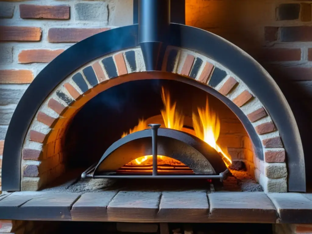 Detallada imagen de un horno de leña medieval en una cocina, con ladrillos intrincados, restos de madera quemada y humo saliendo