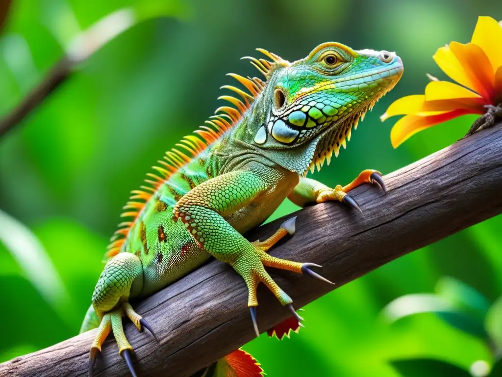 Detallada imagen de una iguana verde en una rama, bajo el sol, con escamas y garras, en un entorno selvático