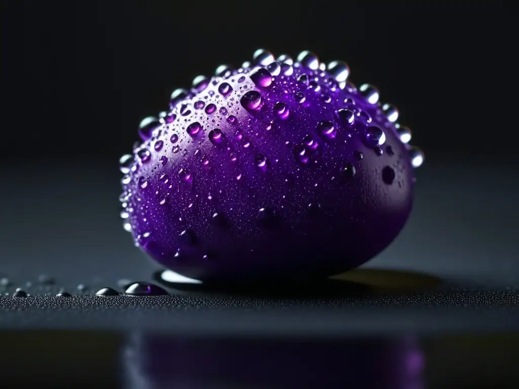 Detallada imagen de una jugosa baya de maqui morado, brillante con gotas de agua, frente a un fondo oscuro