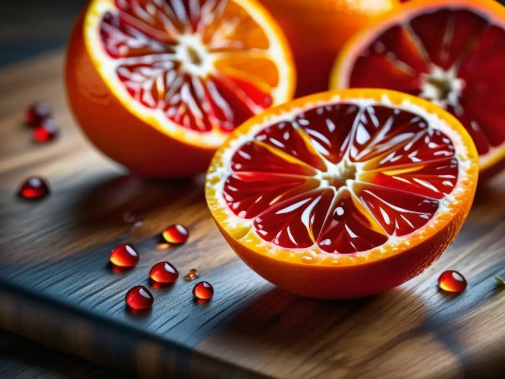 Detallada imagen de una jugosa naranja sanguina sobre tabla de madera, para uso cítricos gastronomía renacentista