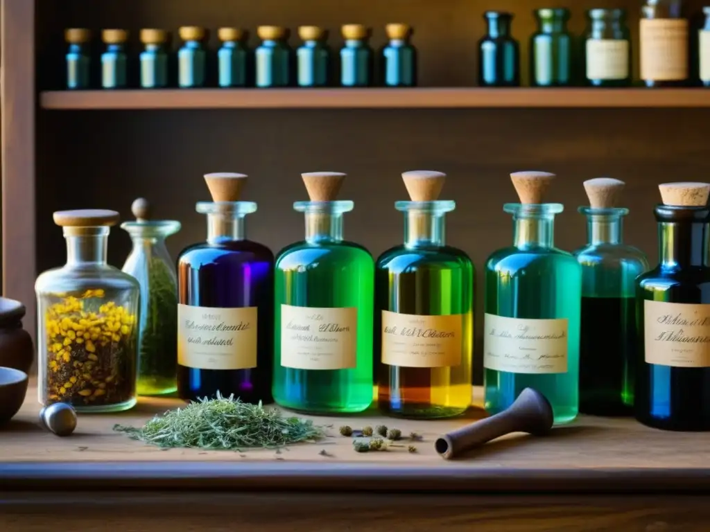 Detallada imagen de un laboratorio renacentista con botellas de colores, hierbas y etiquetas escritas a mano