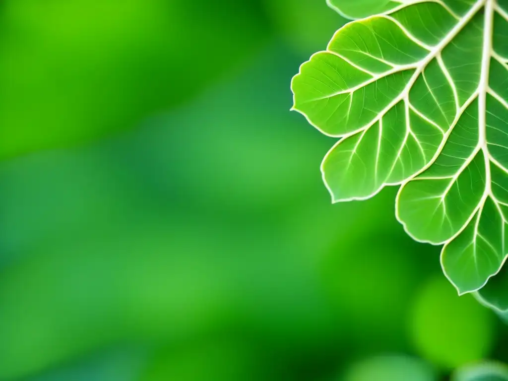 Detallada imagen macro de un árbol de moringa maduro, resaltando sus verdes hojas y la luz solar filtrándose