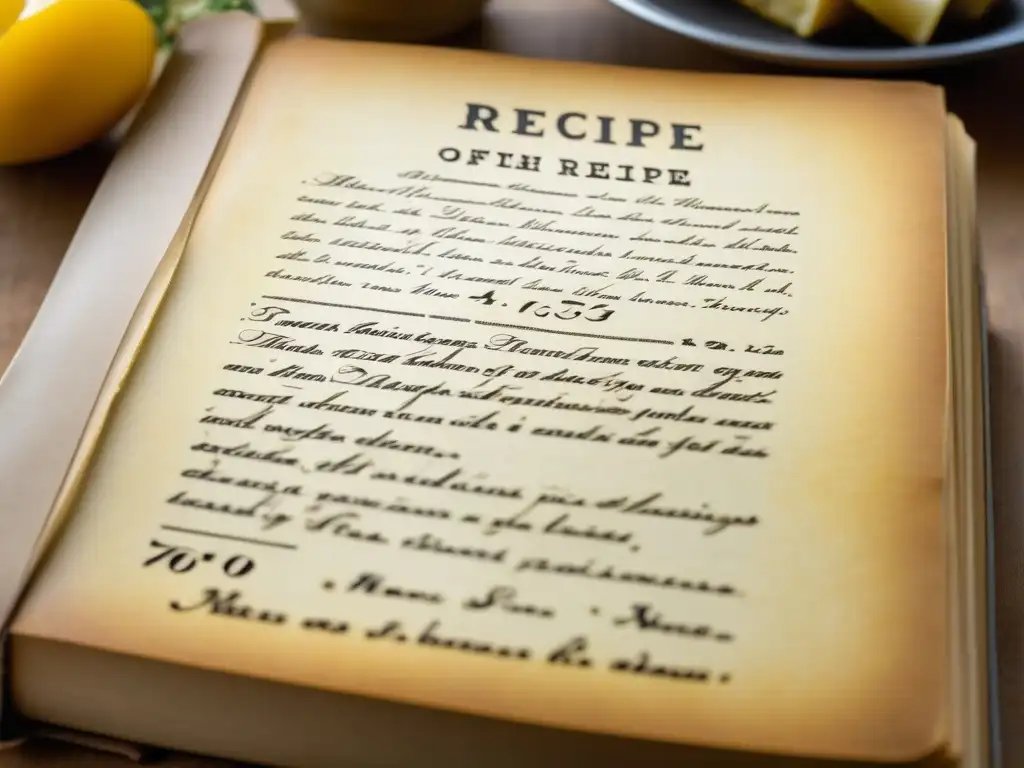 Una detallada imagen macro de un libro de recetas vintage con páginas amarillentas, resaltando una receta tradicional centenaria