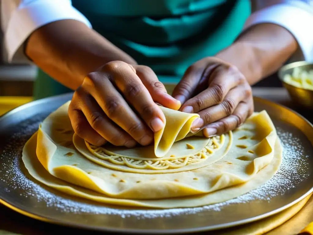 Detallada imagen de las manos de un chef creando un Mughlai paratha, destacando la influencia culinaria mongol en India