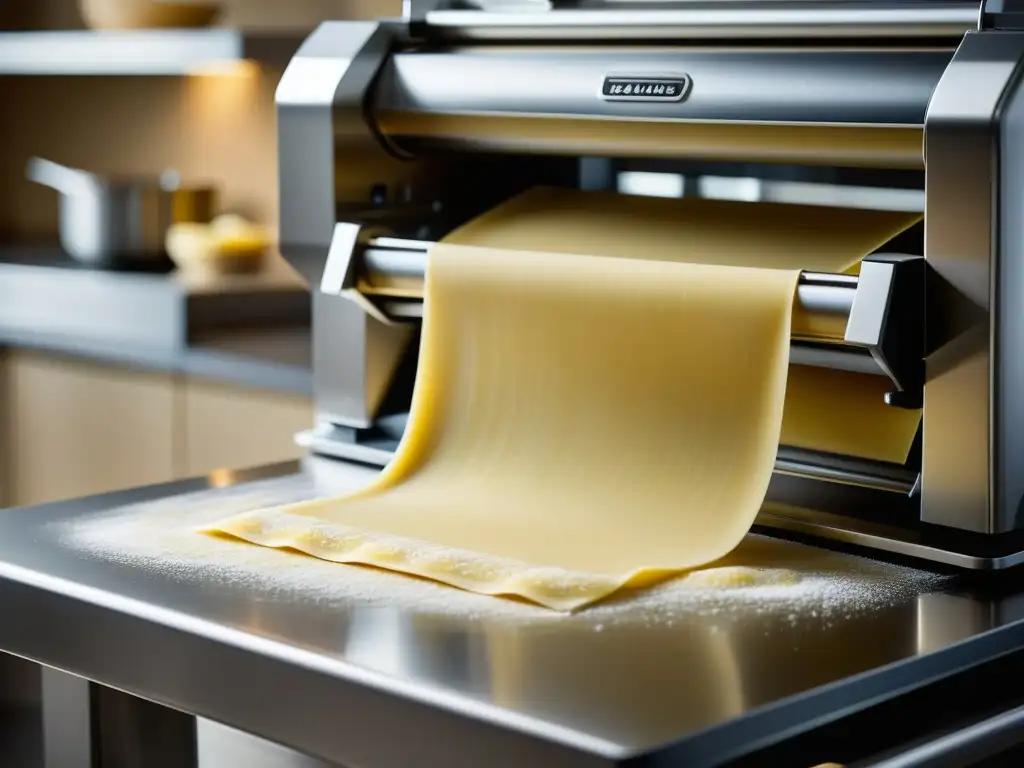 Detallada imagen de masa fresca pasando por una máquina de hacer pasta tradicional en una cocina contemporánea