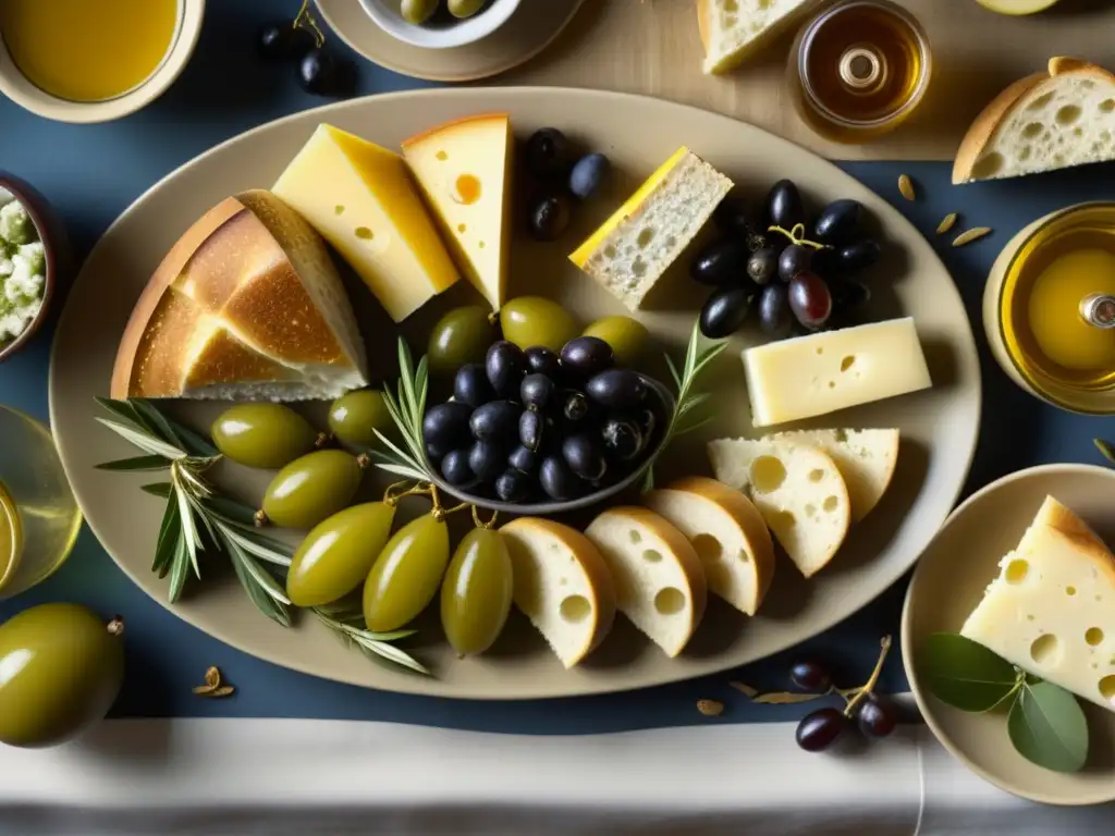 Una detallada imagen de una mesa de banquete griego antiguo con alimentos básicos dieta Antigua Grecia