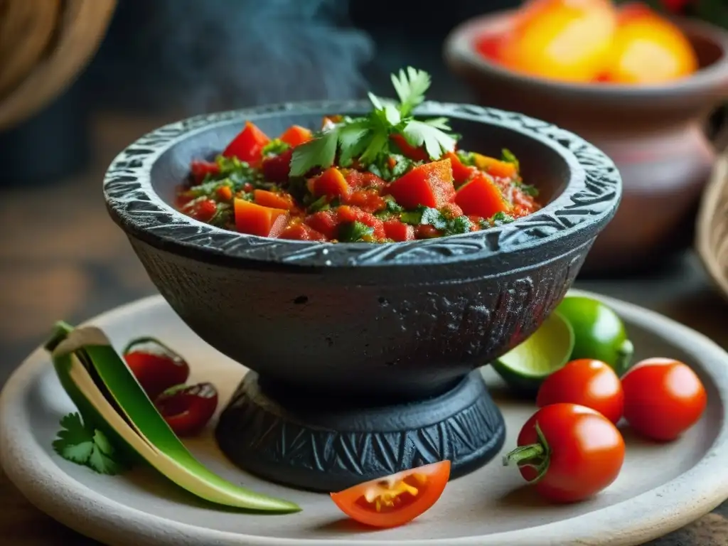 Detallada imagen de un molcajete mexicano con salsa roja, listo para servir con recetas históricas platillos aztecas México