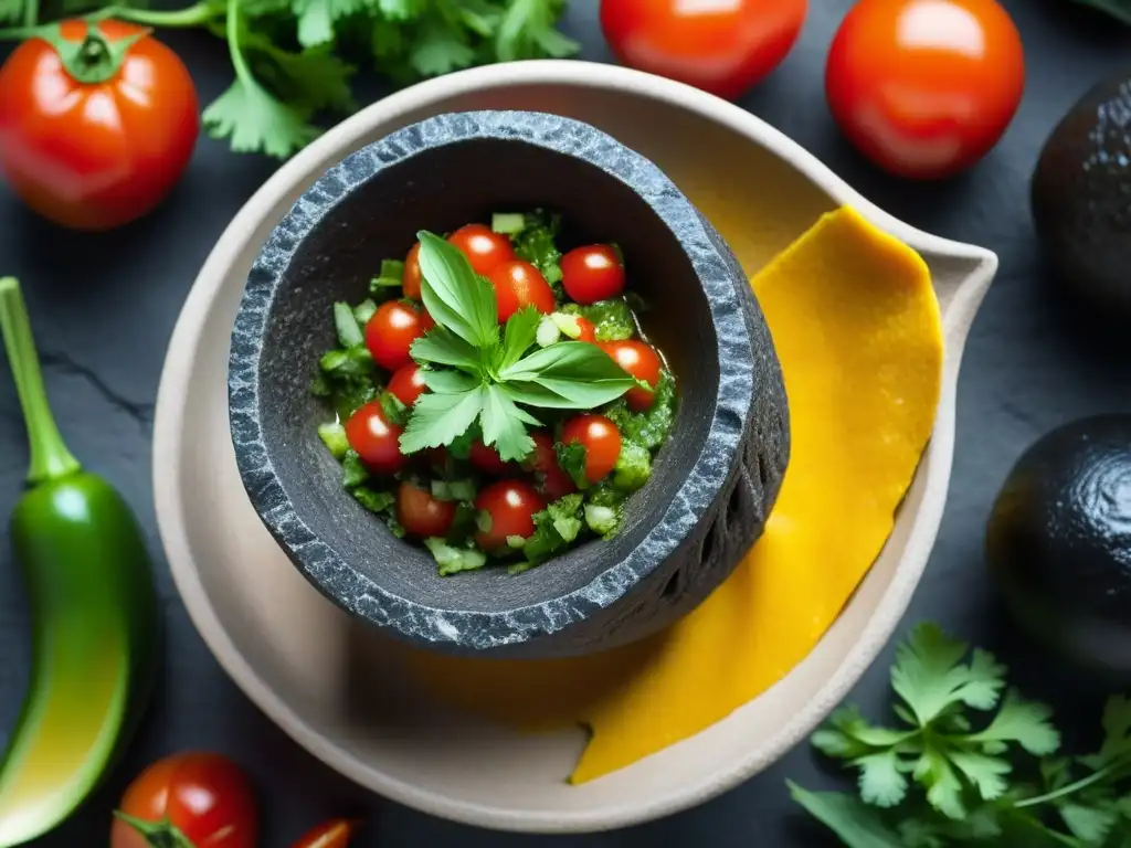 Detallada imagen de un molcajete mexicano con salsa fresca, evocando autenticidad y riqueza cultural