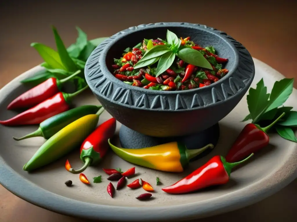 Detallada imagen de un Molcajete con salsa roja y verde, chiles secos, ajo y cilantro, para recetas históricas Michoacán Noche Muertos