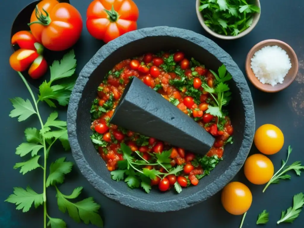 Detallada imagen de un molcajete con salsa roja rodeado de ingredientes coloridos, resaltando la textura de la piedra volcánica