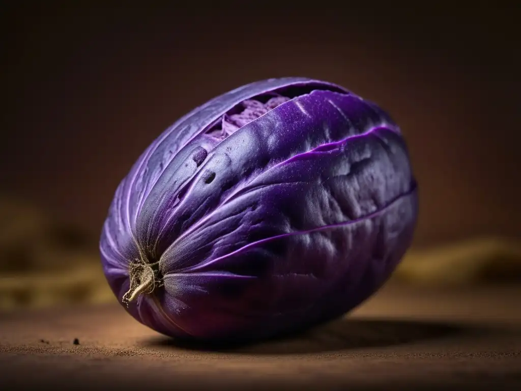 Detallada imagen de papa morada peruana con raíces, iluminando sus colores y textura única