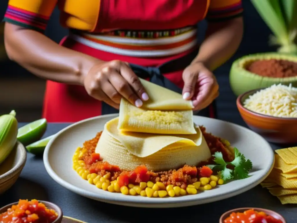 Detallada imagen de una mujer azteca creando un Tamal Azteca, resaltando los colores y texturas de los ingredientes