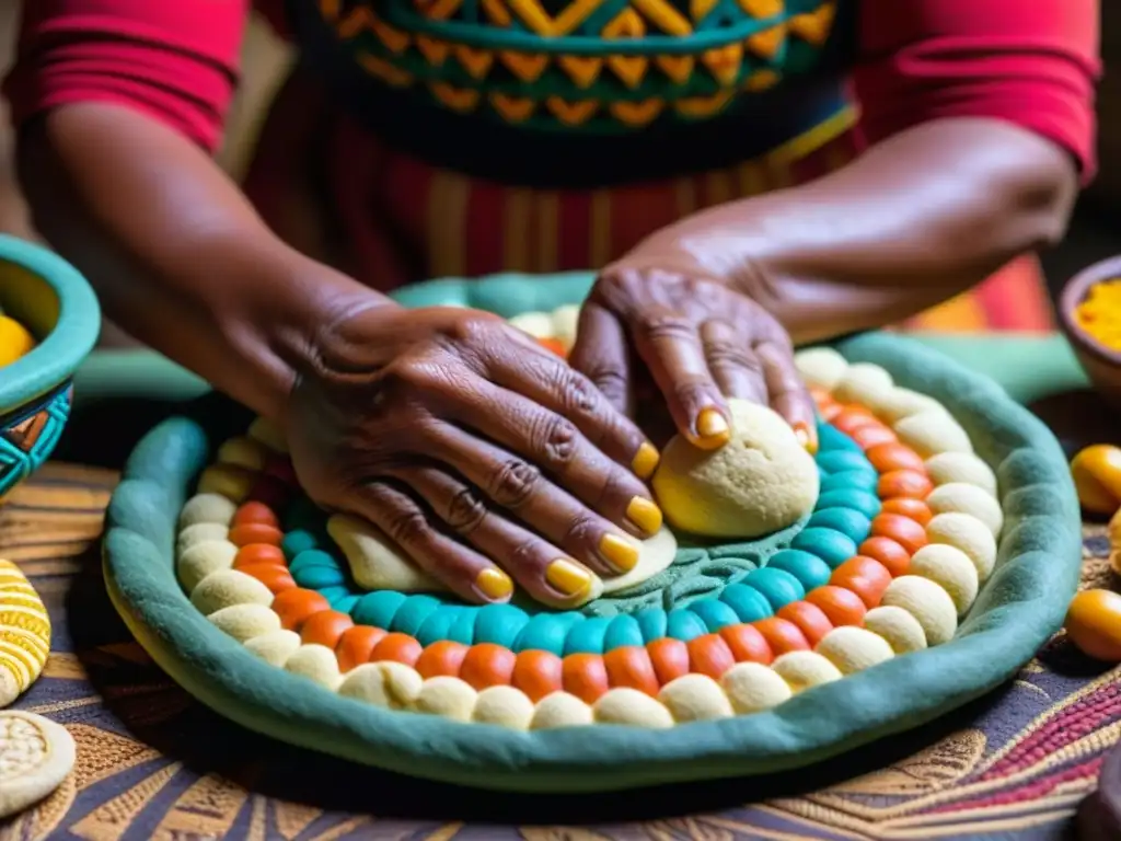 Detallada imagen de mujer indígena amasando masa de maíz con patrones tradicionales, destacando la cocina precolombina y la tradición femenina