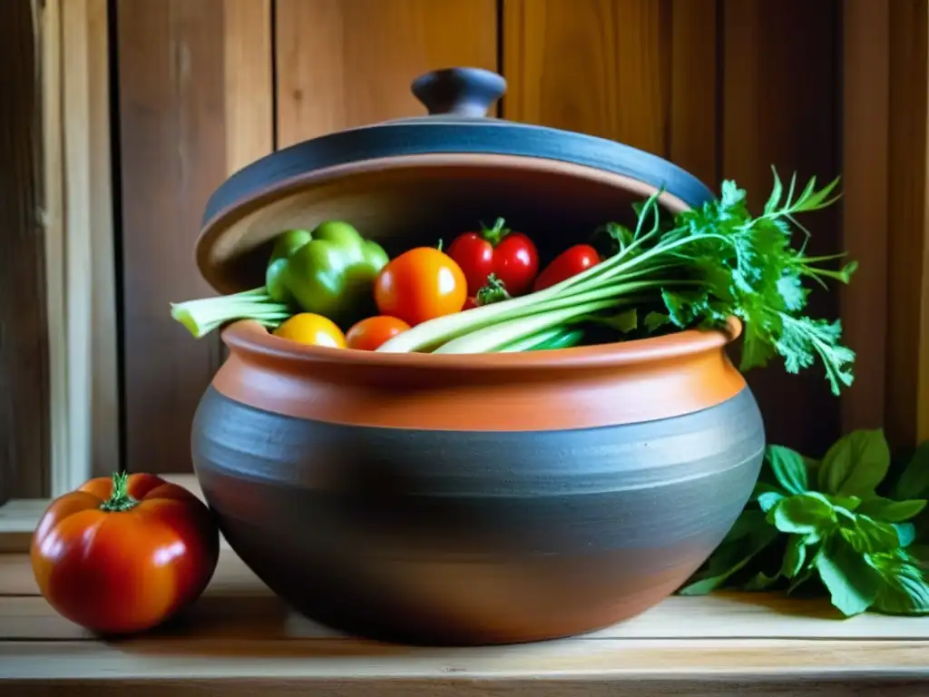 Detallada imagen de una olla de barro con vegetales y frutas frescas, resaltando la conservación de alimentos histórica innovadora