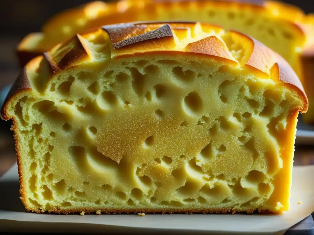 Delicioso pan de maíz recién horneado en detalle Detallada imagen de un pan de maíz dorado recién horneado, con una corteza crujiente bajo cálida iluminación