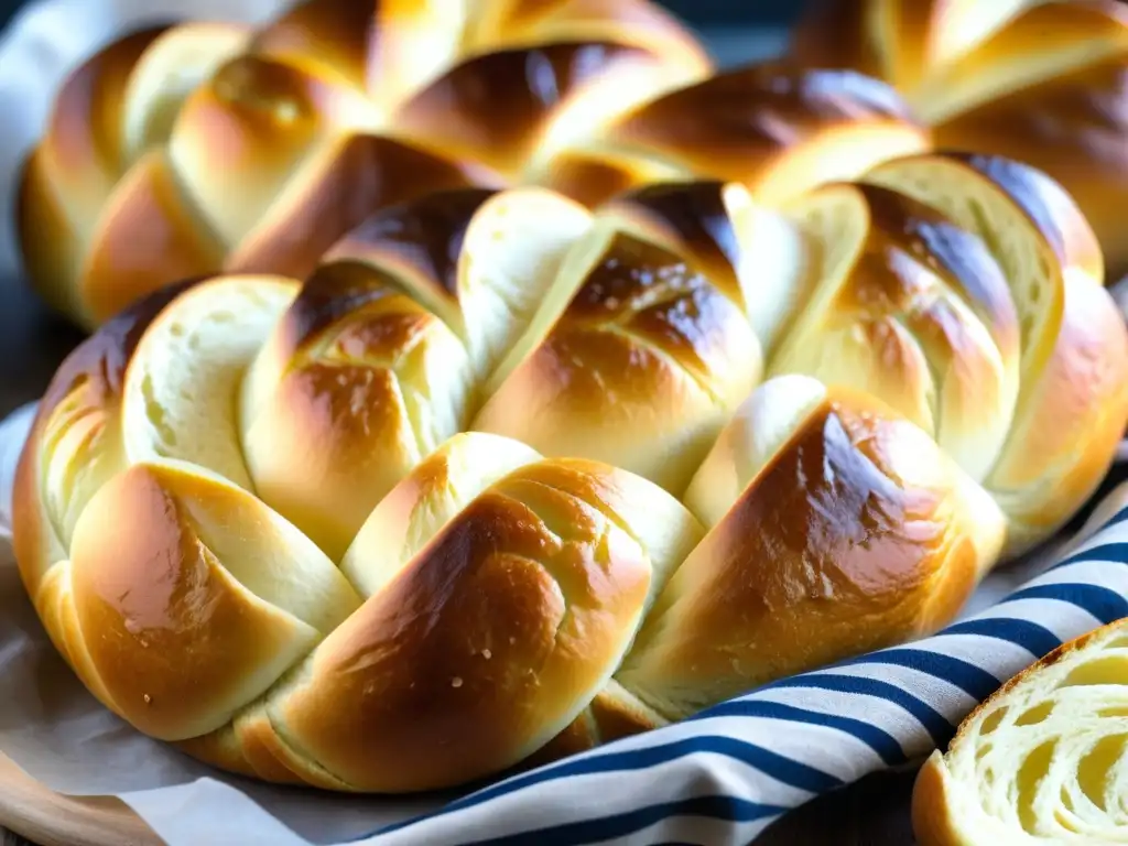 Detallada imagen de pan challah dorado recién horneado en una panadería judía en América, recetas