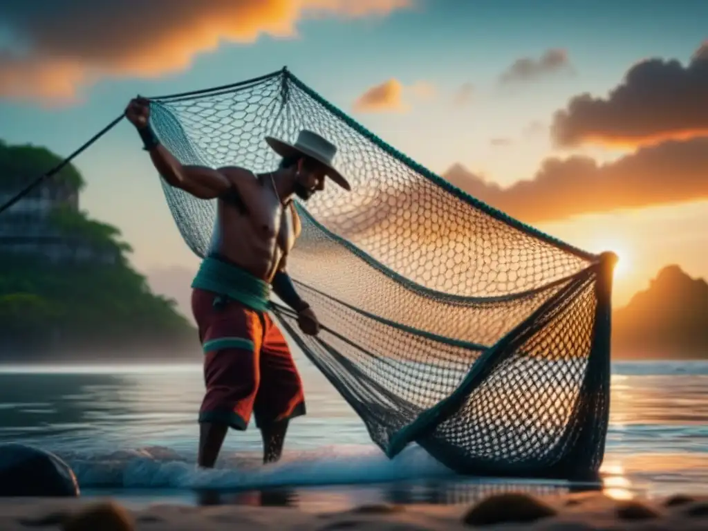 Detallada imagen de pescador maya lanzando red al amanecer, resaltando la importancia pesca dieta costera Maya