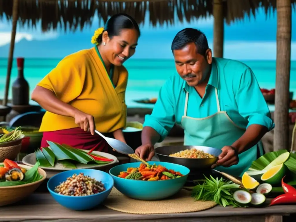 Detallada imagen de pescador Maya preparando comida costera, resaltando la importancia pesca dieta costera Maya