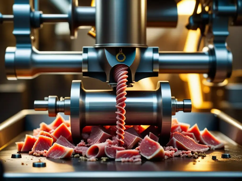 Detallada imagen de una picadora de carne industrial en acción, reflejando la revolución industrial y su impacto en la salud