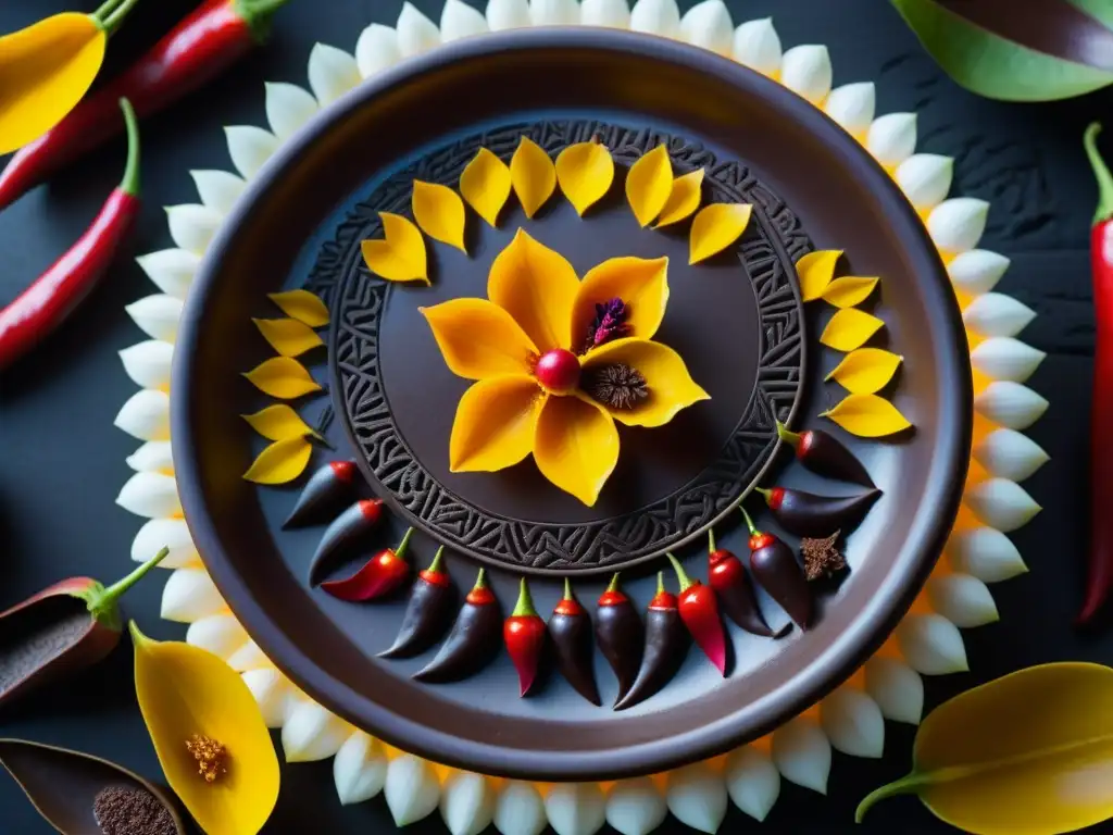 Detallada imagen de un plato ceremonial maya de chocolate, pimientos y miel, con flores comestibles y símbolos espirituales