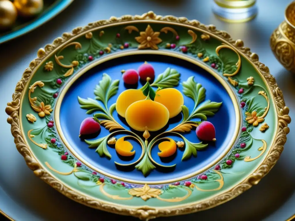 Exquisita obra de arte culinaria renacentista en Siena Detallada imagen de un plato renacentista de Siena en un plato ornamental, mostrando la sofisticación culinaria de la época