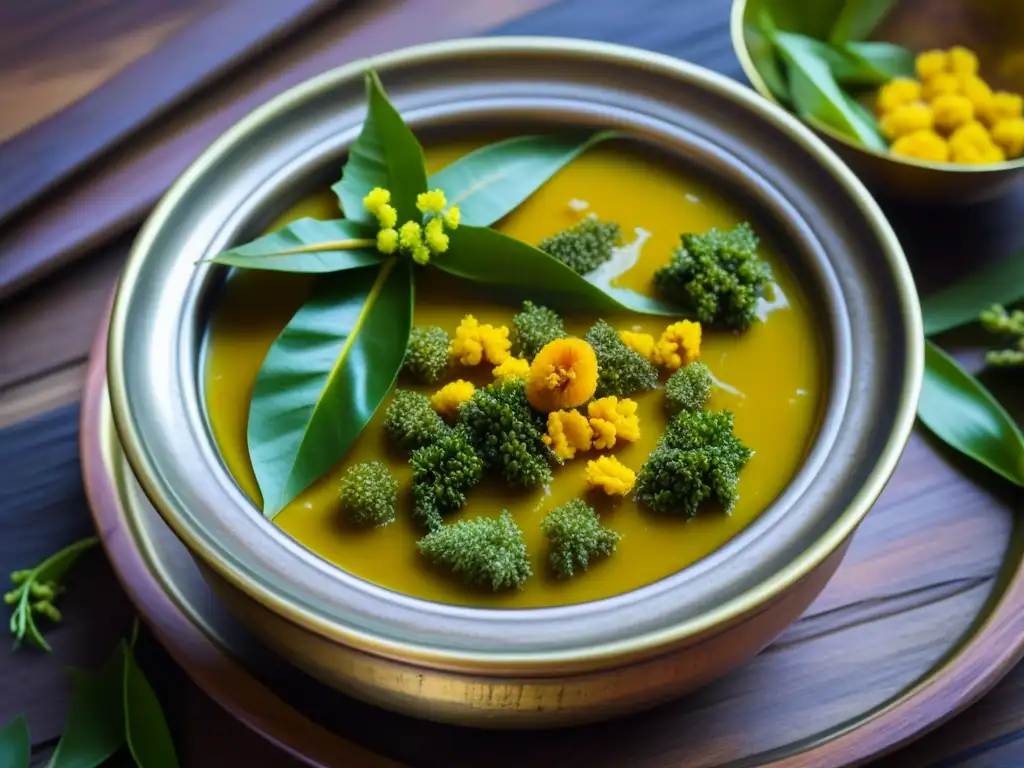 Detallada imagen de un plato tradicional Ugadi Pachadi con ingredientes coloridos en un tazón vintage en mesa rústica