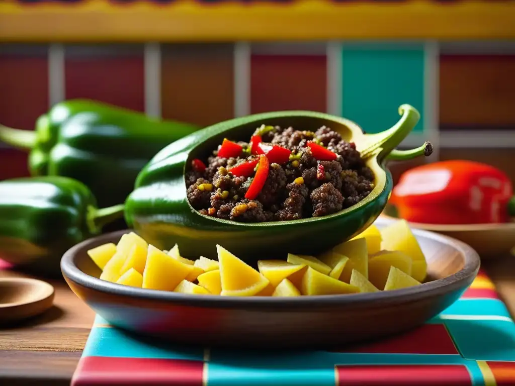 Detallada imagen de un chile poblano rojo relleno, en una cocina mexicana tradicional