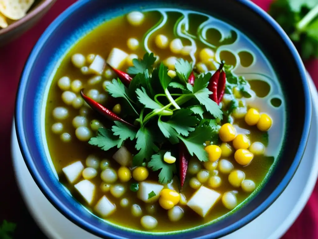 Detallada imagen de un Pozole Mesoamericano con ingredientes vibrantes