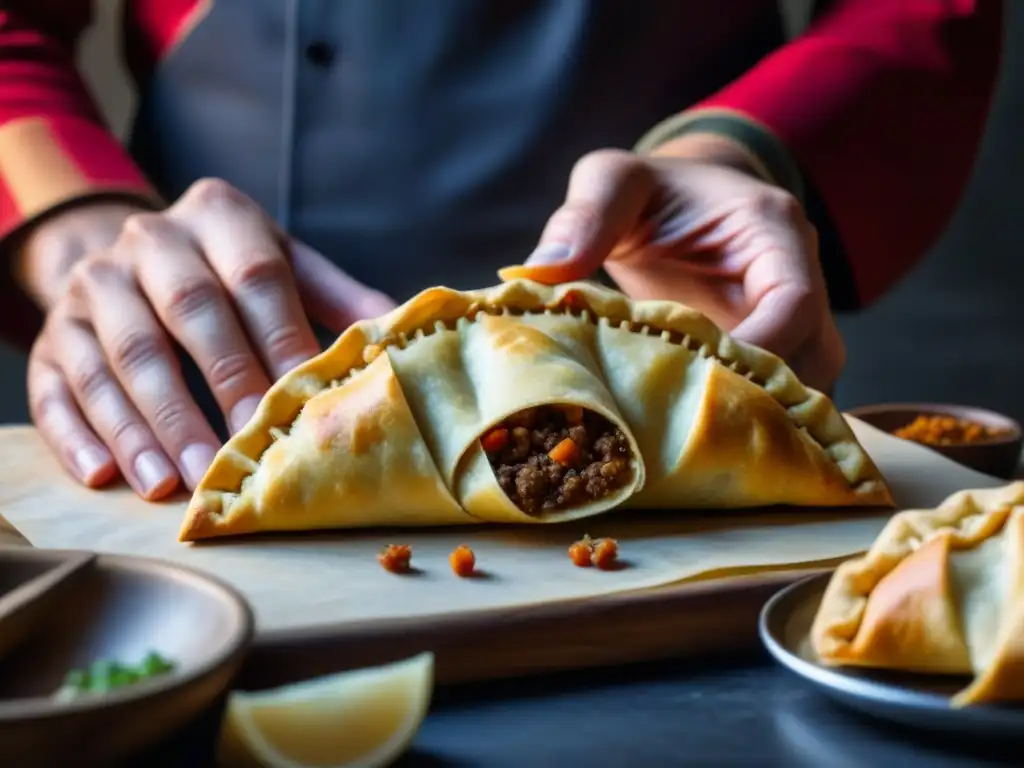 Detallada imagen del proceso de doblar borde empanada cordero Patagonia, resaltando arte y tradición culinaria