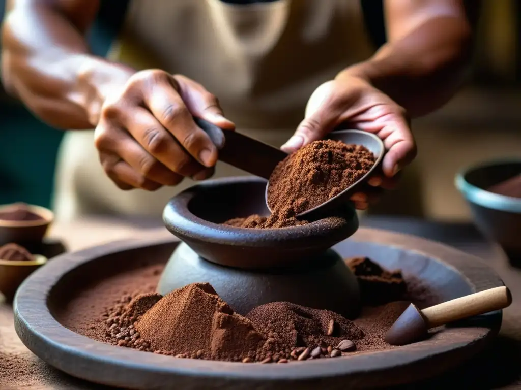 Detallada imagen de un proceso tradicional maya de hacer chocolate, destacando la influencia gastronomía red comercio Maya