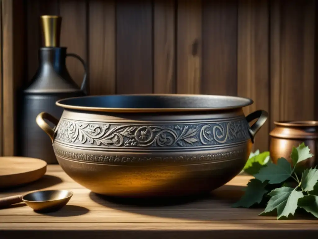Réplica artesanal de cazuela romana en mesa de cocina rústica Una detallada imagen en 8k de una réplica de una olla de bronce romana antigua, rodeada de utensilios históricos para cocina